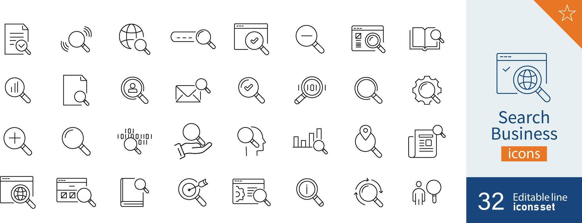 Set of 32 Search Business web icons in line style. Document, book, coding, research, icon. Vector illustration.