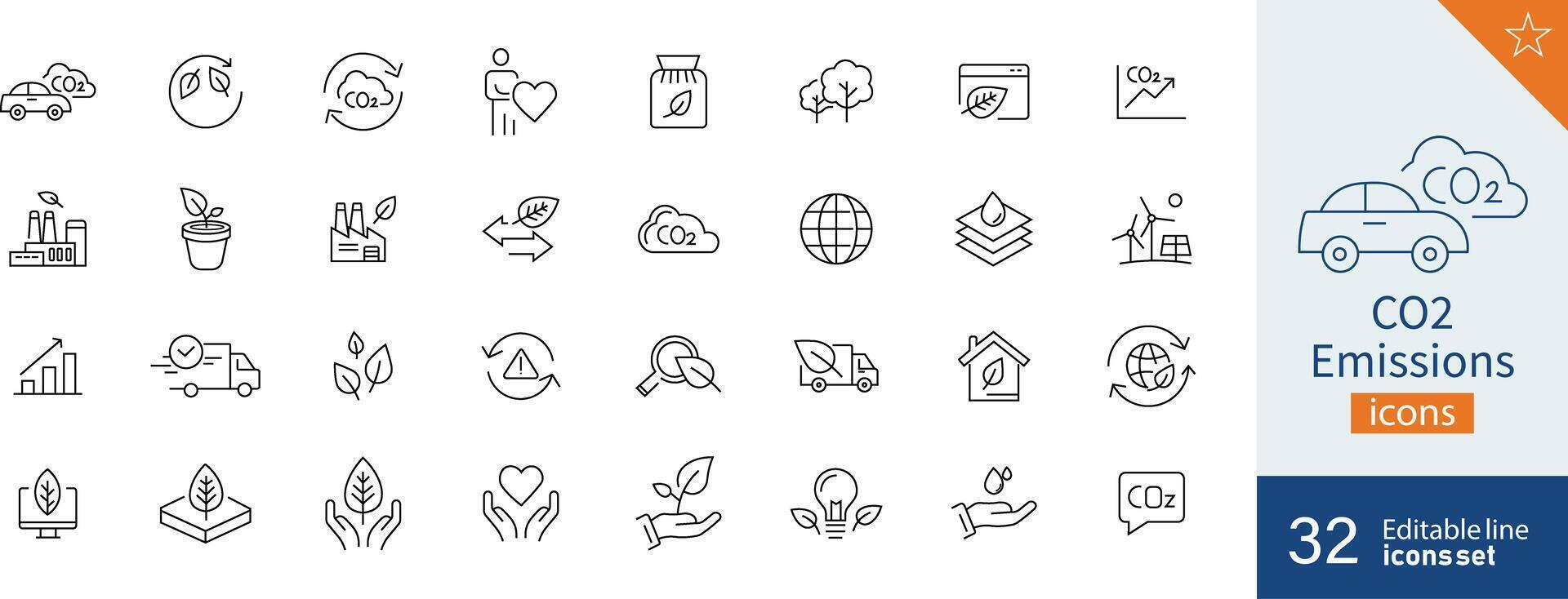 Set of 32 CO2 Emissions web icons in line style. Ecology, tree, energy, carbon dioxide, climate. Vector illustration.