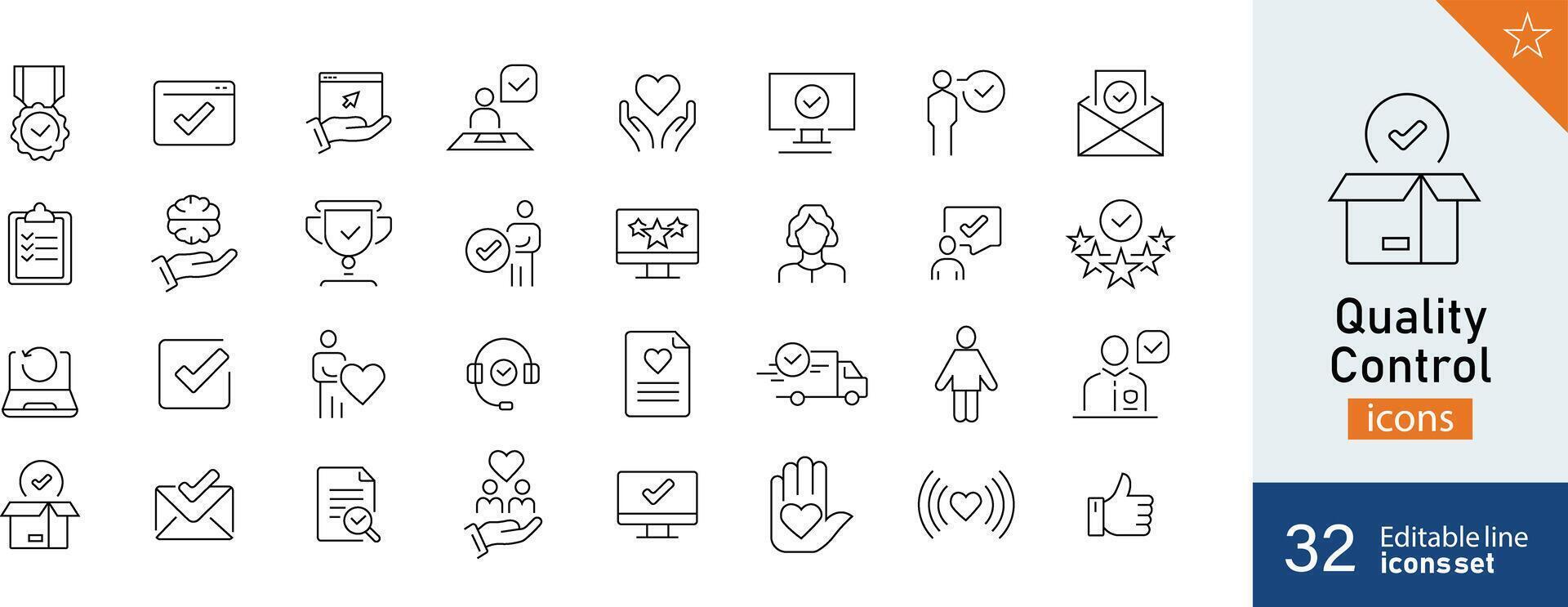 Set of 32 Quality Control web icons in line style. Inspect, manufacture, certificate, icon, inspect, quality. Vector illustration.