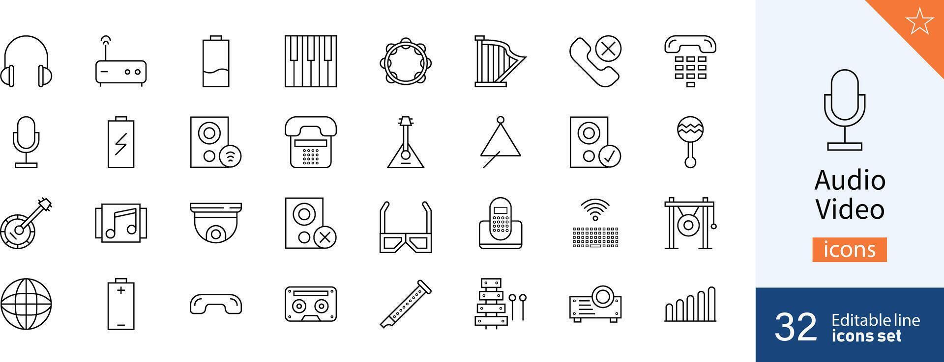 Set of 32 Audio and Video web icons in line style. Audio, video, icon, thin, line, flat. Vector illustration.