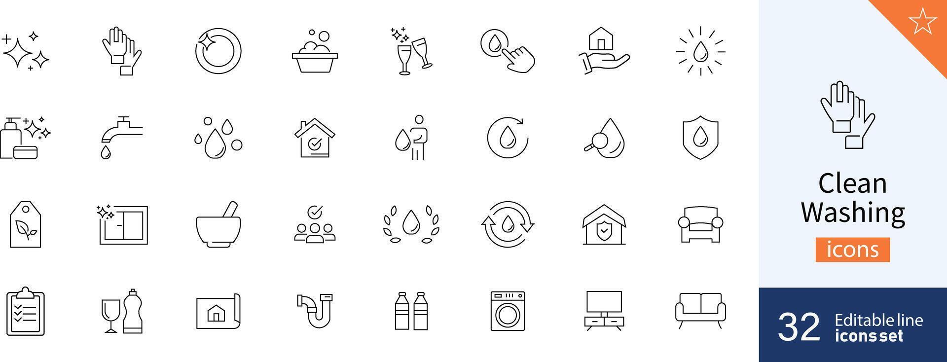 Clean icons Pixel perfect. Wash, water, home, .... vector