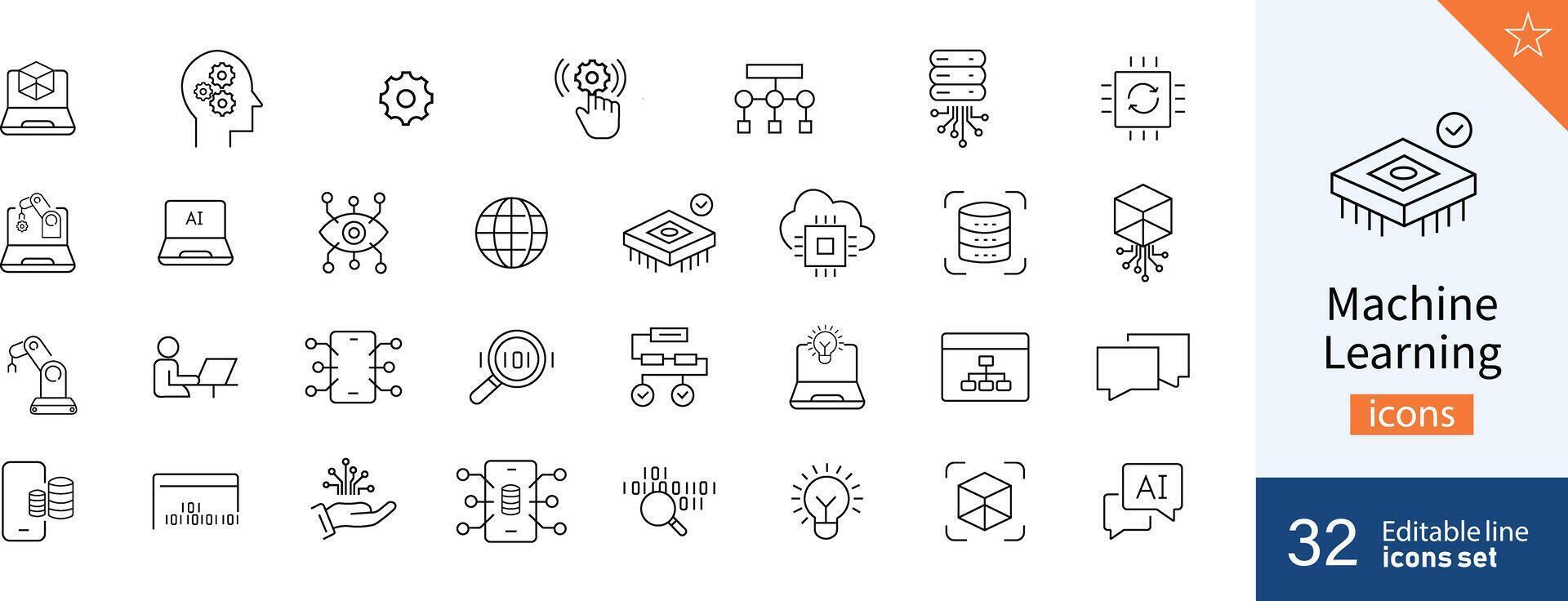 Machine icons Pixel perfect. System, brain, network, .... vector