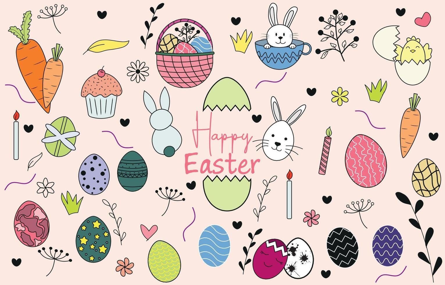 Set of Doodle Elements Vector Happy Easter.