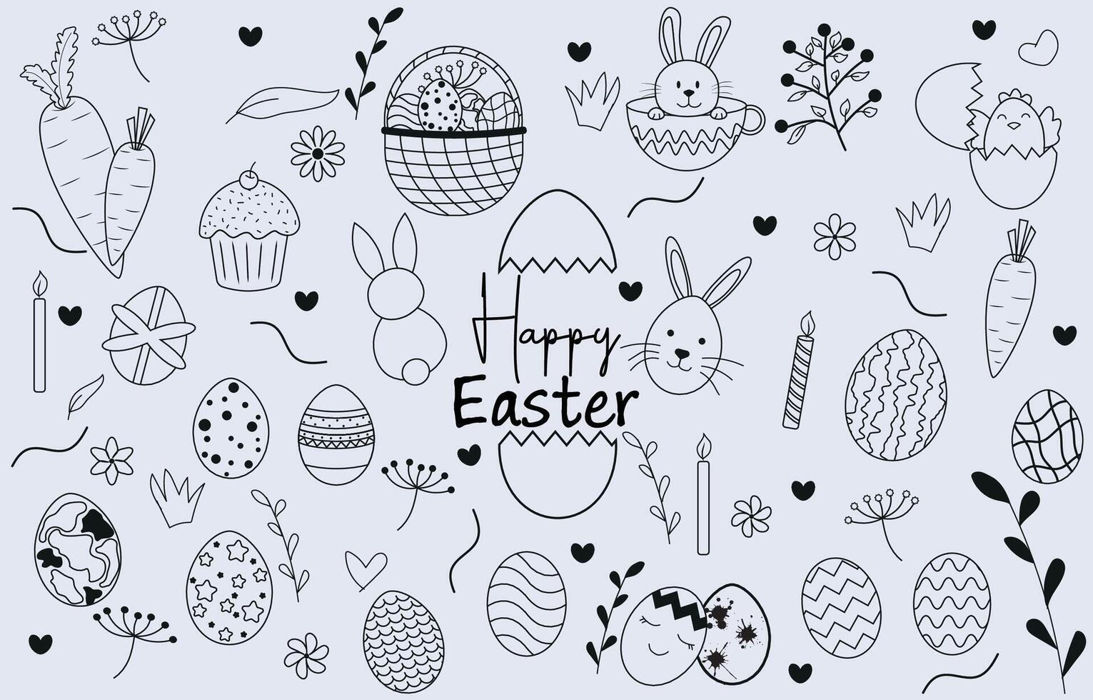Set of Doodle Elements Vector Happy Easter Black and White.