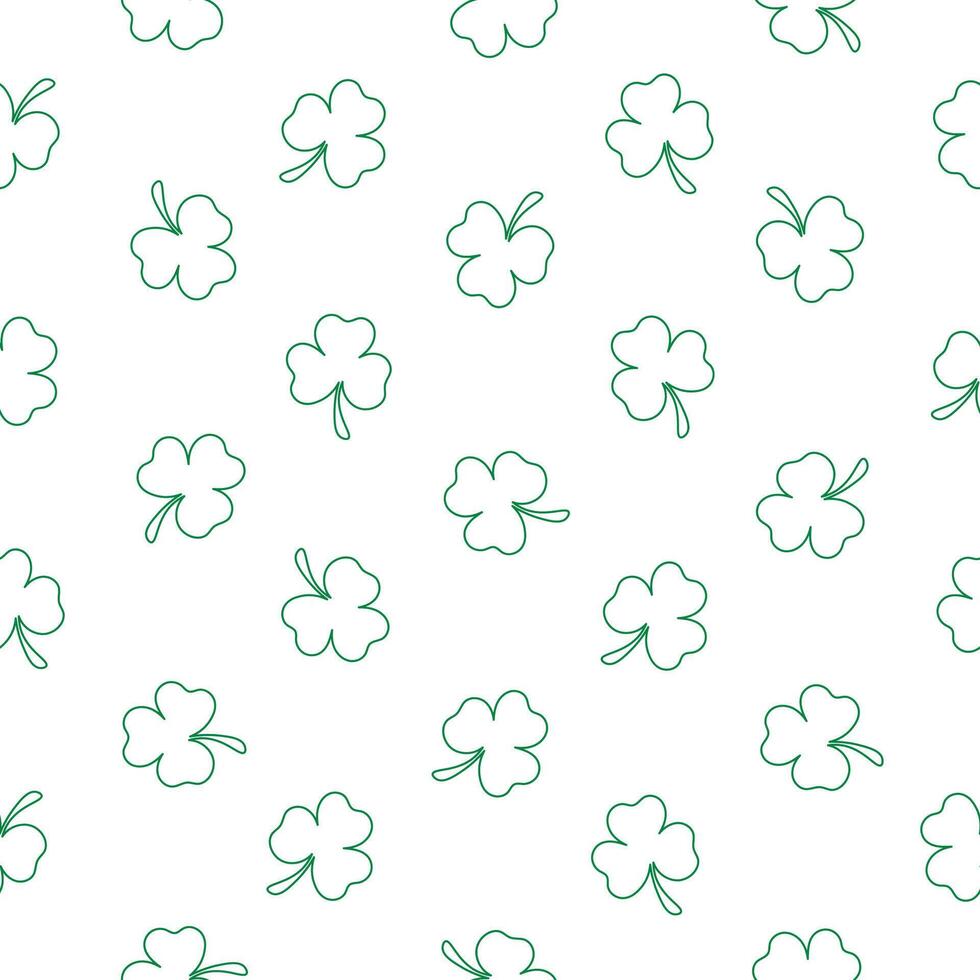 Outline of a small green clover on a white background. Happy St. Patrick's Day. Seamless pattern for textiles, wrappers, covers, brochures, wallpapers, website or banner. Vector illustration.