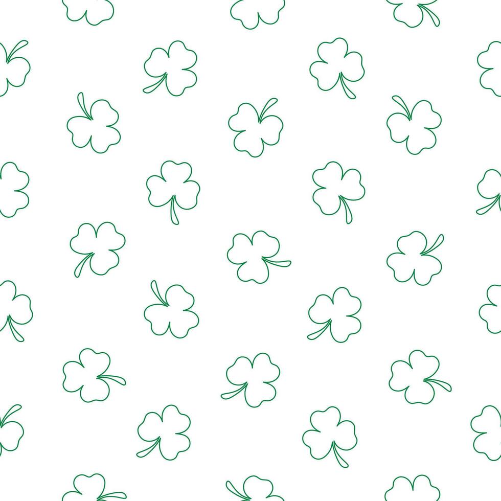 Outline of a small green clover on a white background. Happy St. Patrick's Day. Seamless pattern for textiles, wrappers, covers, brochures, wallpapers, website or banner. Vector illustration.