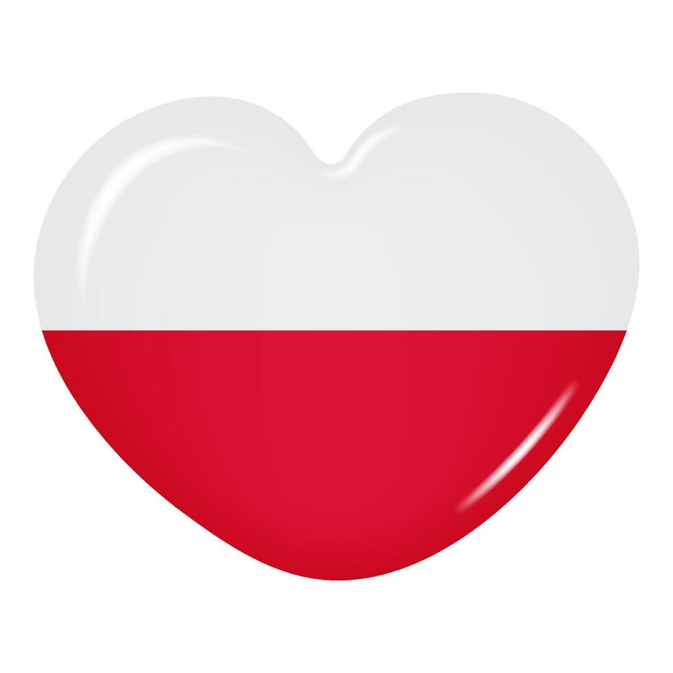 3D heart-shaped icon of the Poland flag on a transparent background. Button of the country's flag. Vector illustration