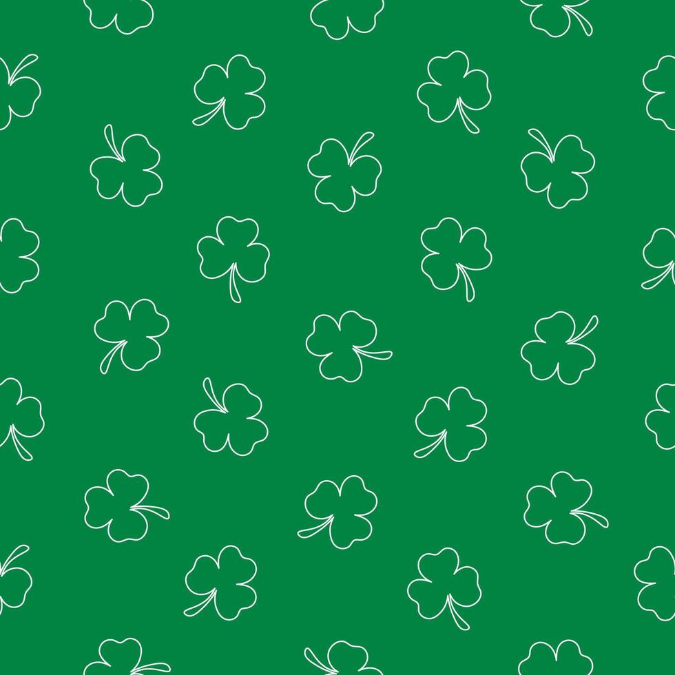 Seamless pattern with outline white clover on a green background. Happy St. Patrick's Day. Suitable for textile, wrapper, cover, brochure, wallpaper, website or banner. Vector illustration.