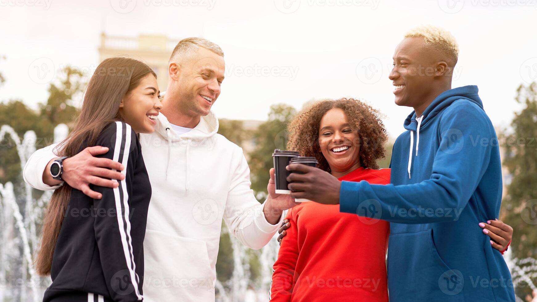 Multi-ethnic group people teenage friends. African-american, asian, caucasian student spending time together Multiracial friendship photo