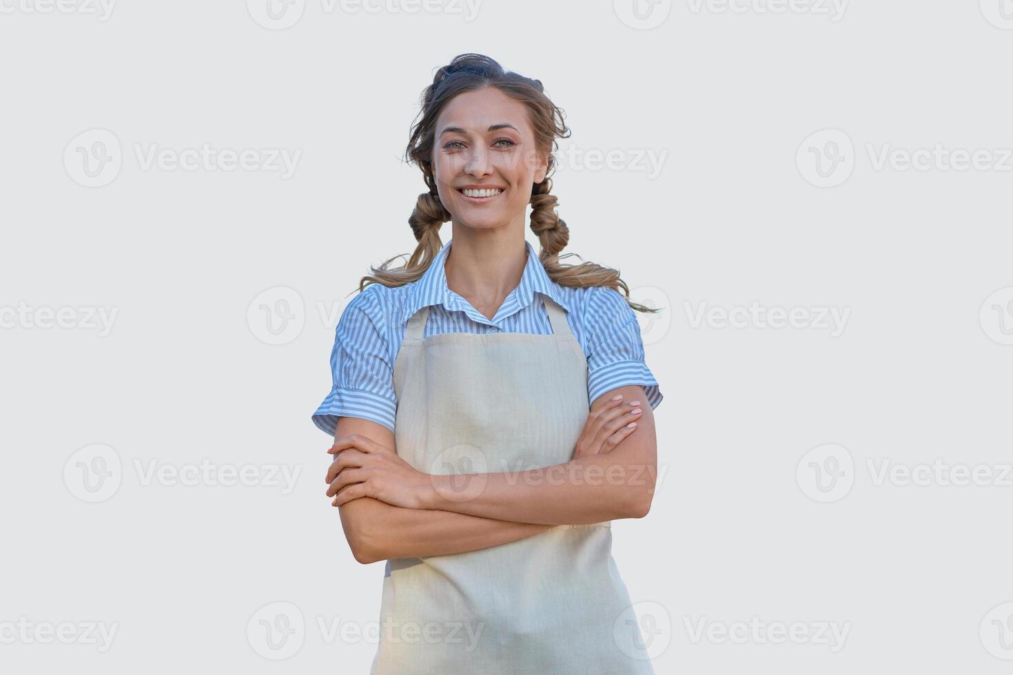 Woman dressed apron white background Caucasian middle age  female business owner in uniform photo