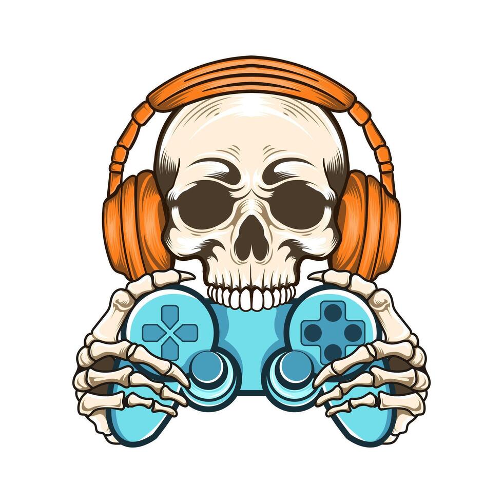 Gaming Skull with headphone and holding video gamepad vector