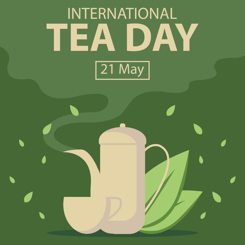 illustration vector graphic of The teapot emits steam, revealing falling tea leaves, perfect for international day, international tea day, celebrate, greeting card, etc.