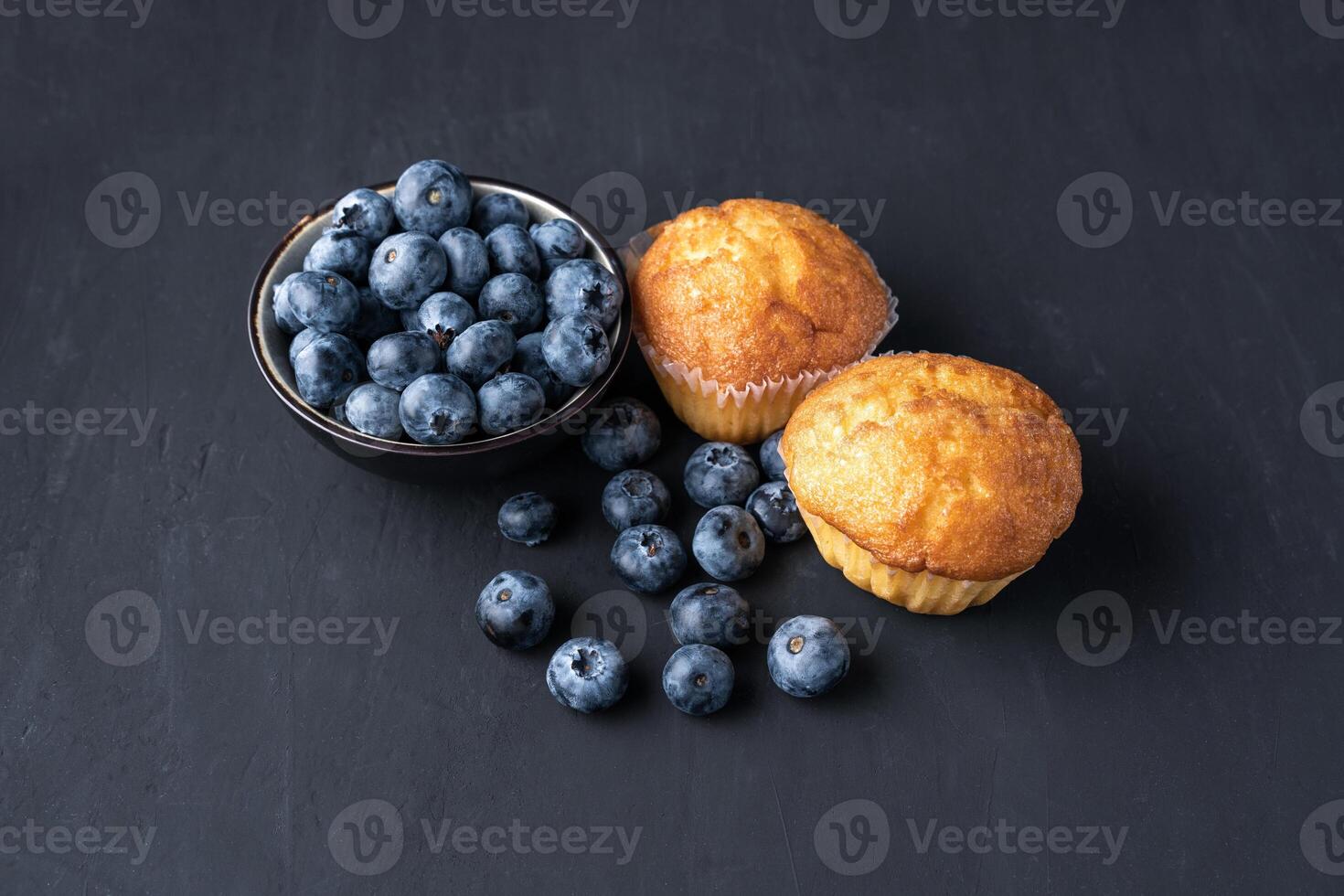 Blueberry antioxidant organic superfood in ceramic bowl and sweet muffin photo