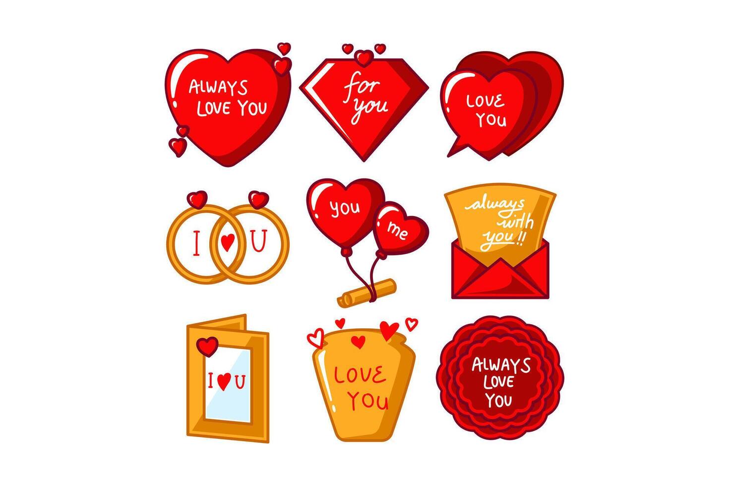 set of valentine colorful illustration, label, frame, element design for valentine's day with heart, ring, balloon, bucket, envelope, letter, gem vector