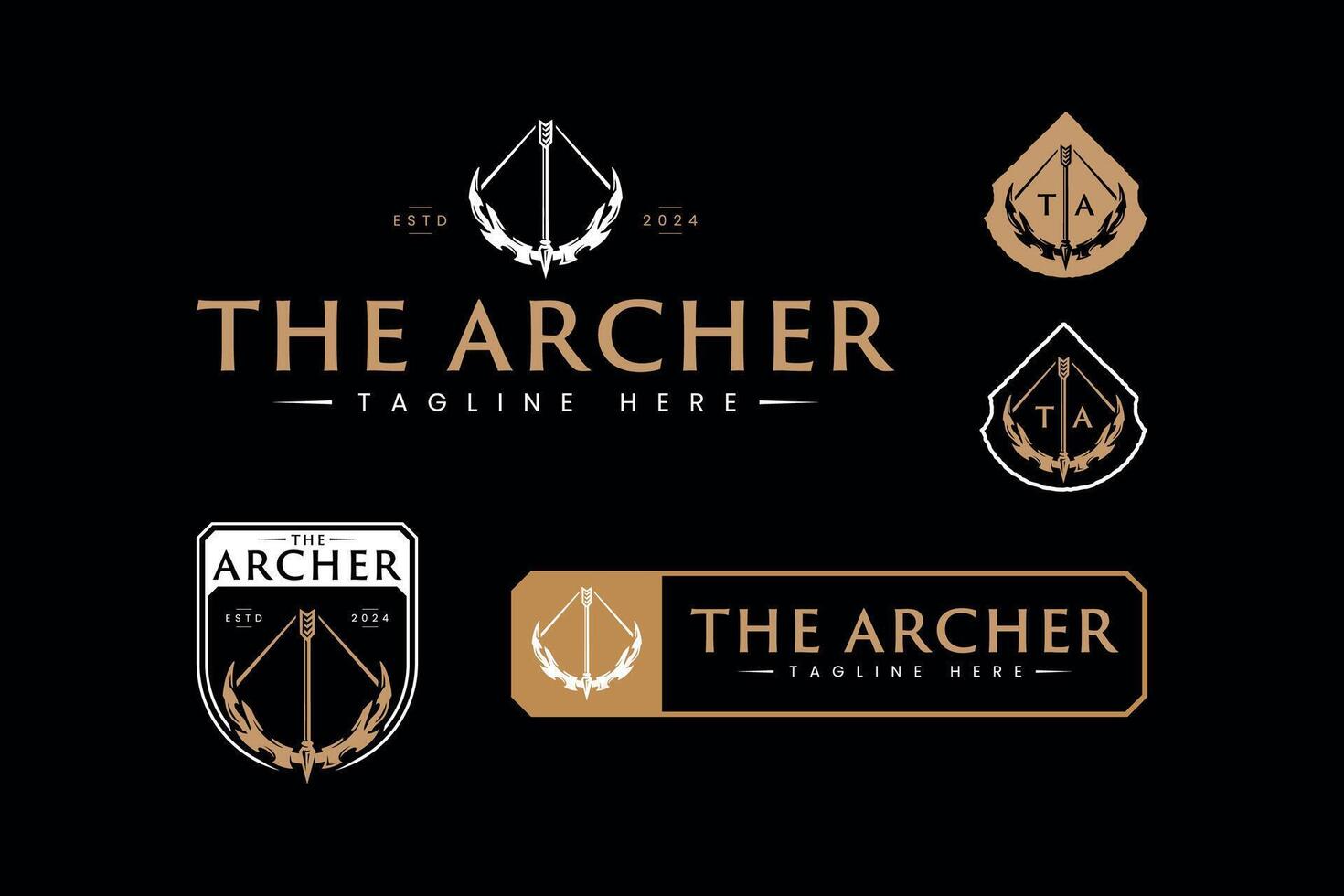 set of hunting logo design template with archery bow and arrow symbol vector for outdoor adventure hunt sports club brand identity