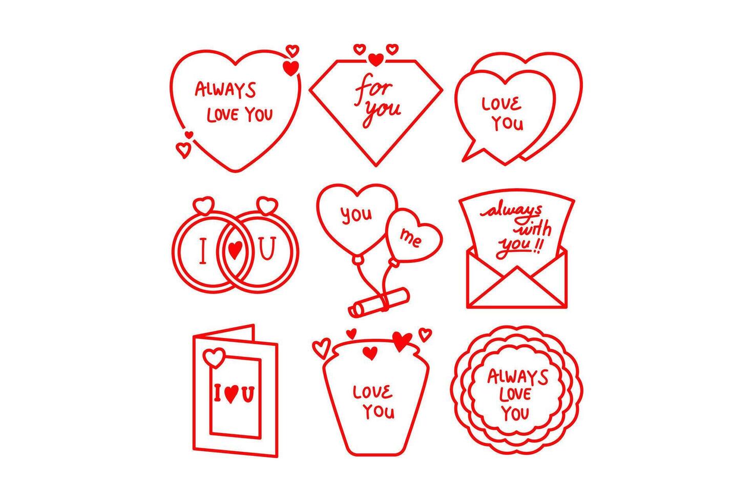 set of valentine illustration, label, frame, element design for valentine's day with heart, ring, balloon, bucket, envelope, letter, gem vector