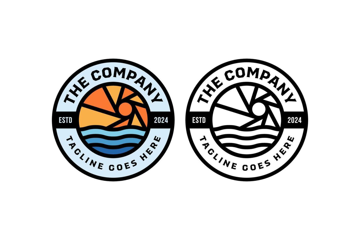 camera sunlight with sea wave badge emblem logo design for hobby adventure sport business vector