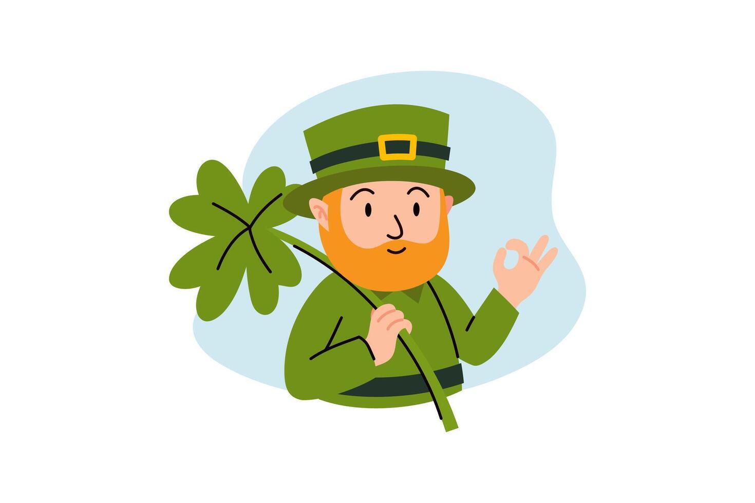 funny man wearing a green hat carrying a clover. illustration for St. Patrick's Day, Irish holiday vector