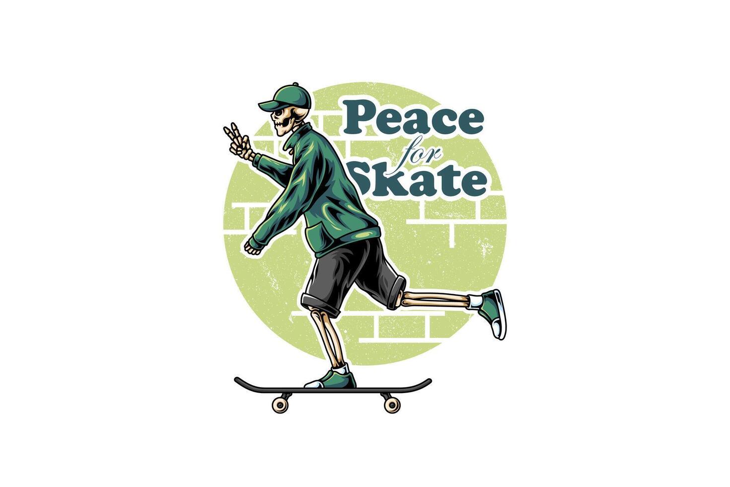 skateboard with skull peaceful funky green illustration artwork with street wear style vector