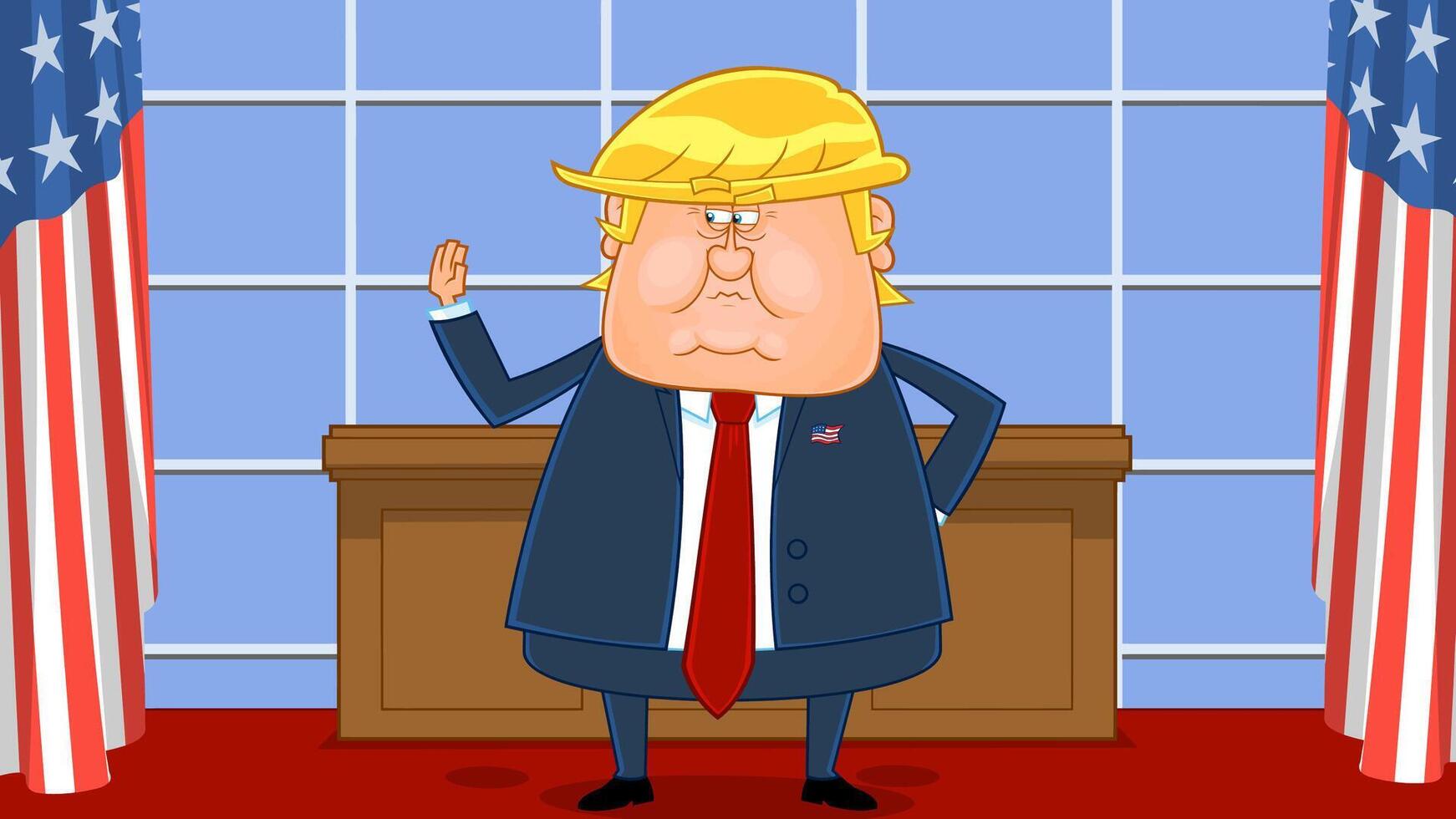 President Donald Trump Cartoon Character Raised His Hand At The White House. Vector Illustration With Background