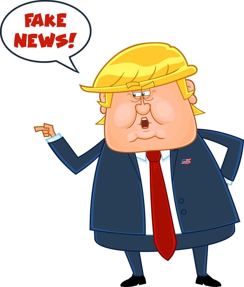Angry President Donald Trump Cartoon Character Pointing. Vector Illustration Isolated On White Background With Speech Bubble And Text