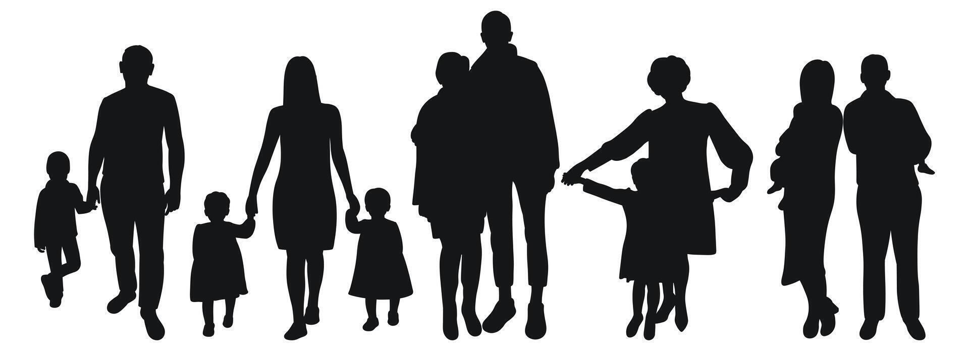 Set of family silhouettes of parents with children. Isolated vector