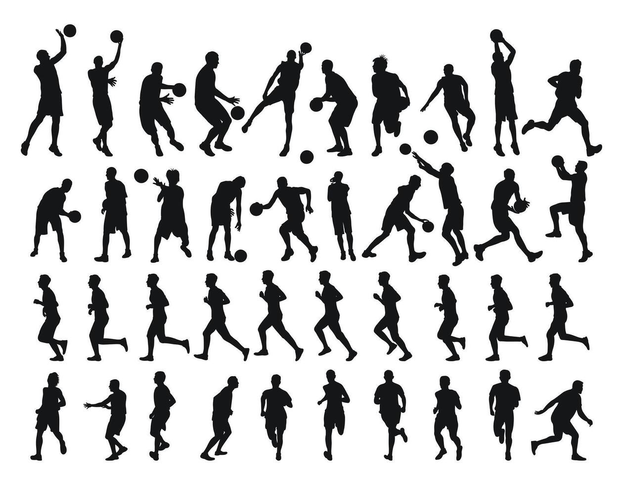 Large collection of male basketball players silhouettes, athletes runners. Basketball, athletics, running, cross, sprinting, jogging vector