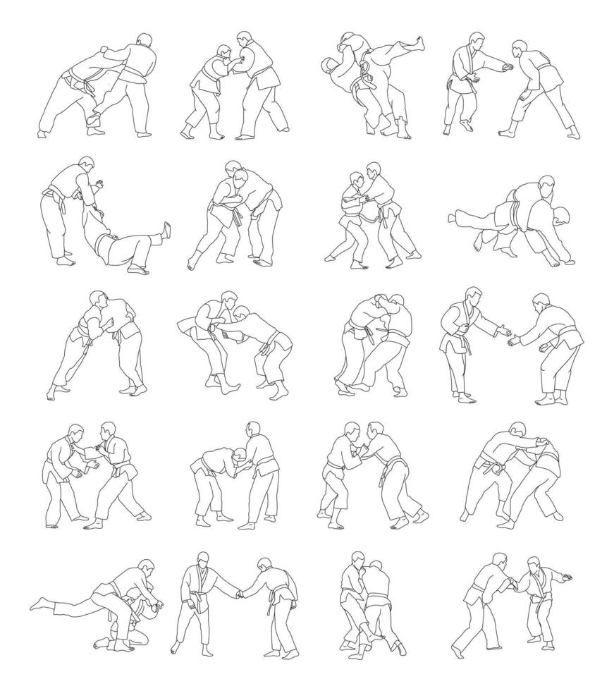 Sketch outline of judokas in duel wrestling, isolated vector