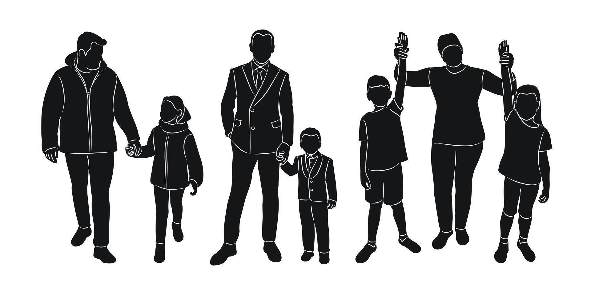 Silhouette of a crowd of adults and children, isolated vector