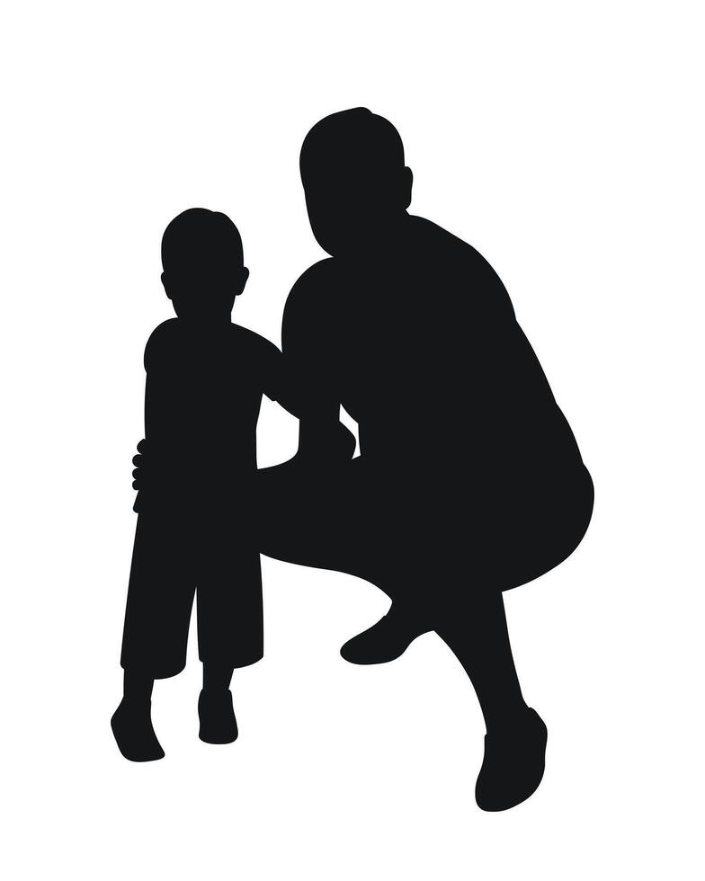 Silhouette of man squatting and boy, father and son, uncle and nephew, isolated vector