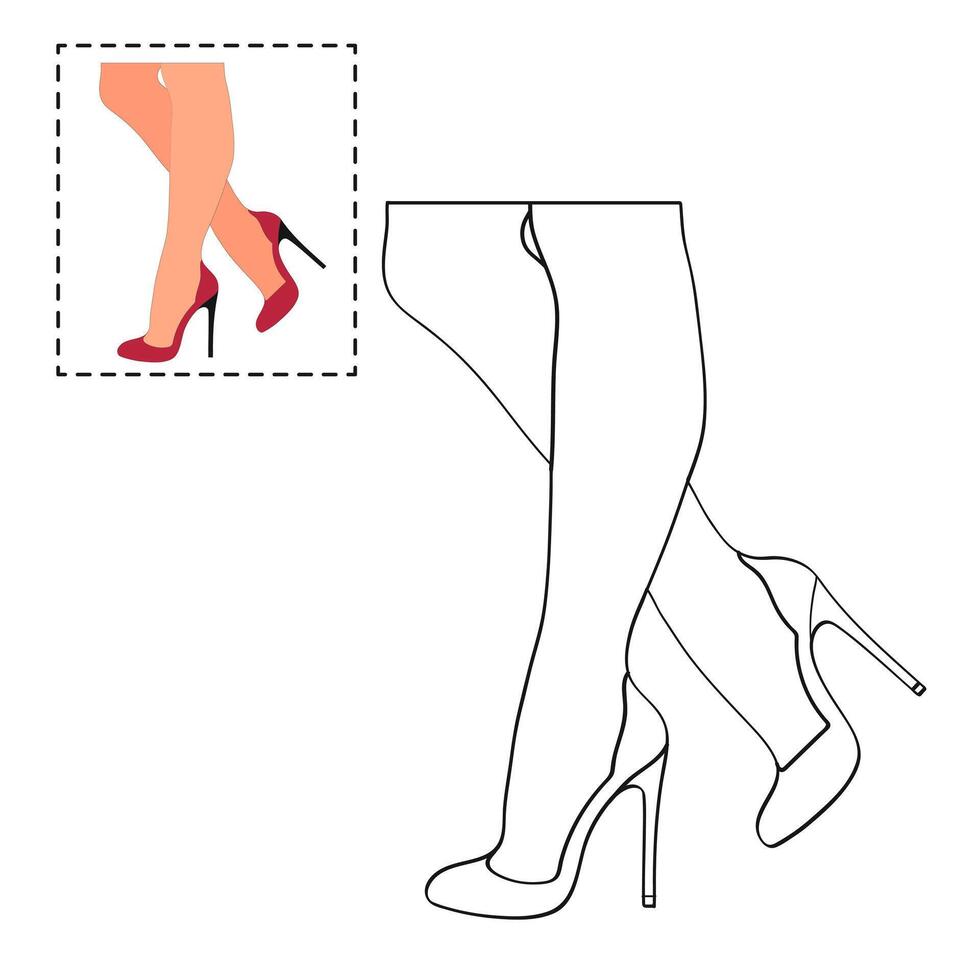 Children's coloring book for girls. Female legs in a pose. Shoes stilettos, high heels vector