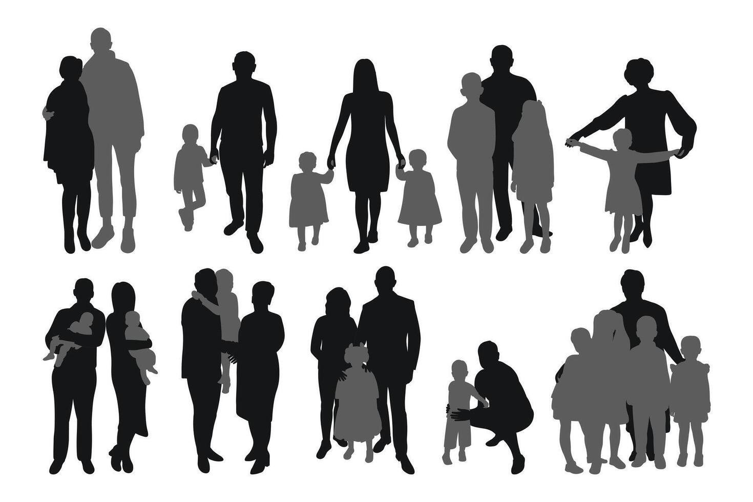 Silhouette image of crowd of adults and children, family, isolated vector