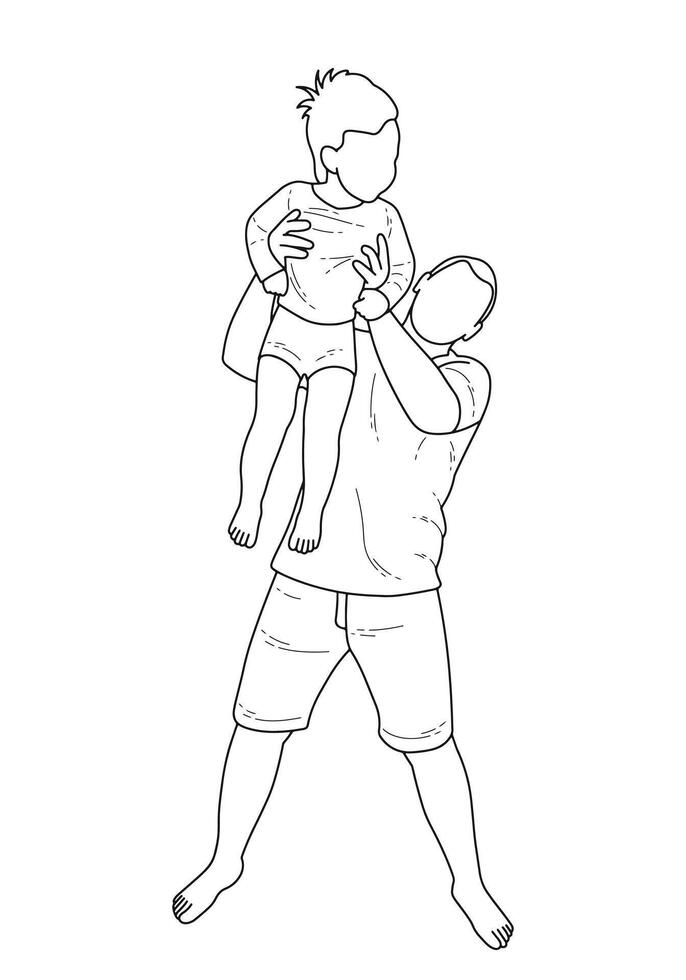 Father throwing his son up, silhouette of dad and son together, isolated vector