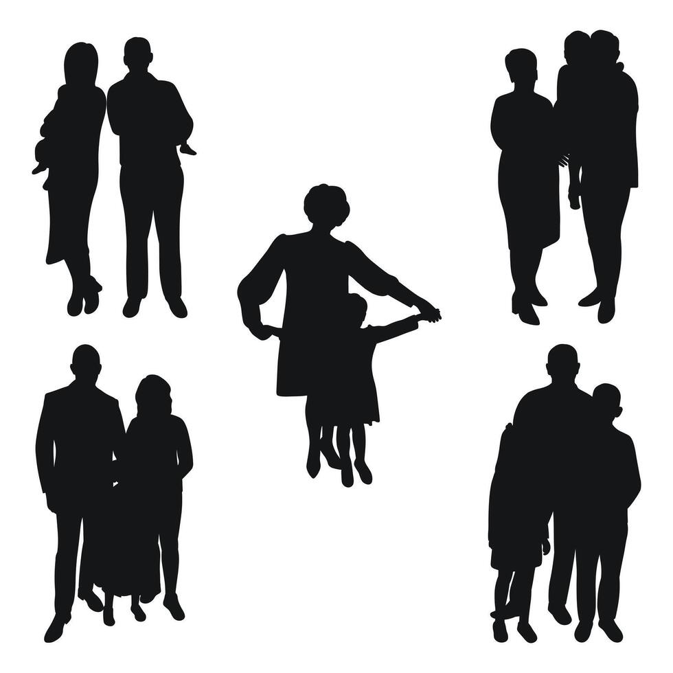 Set of family silhouettes of parents with children. Dad, mom, son, daughter. Isolated vector