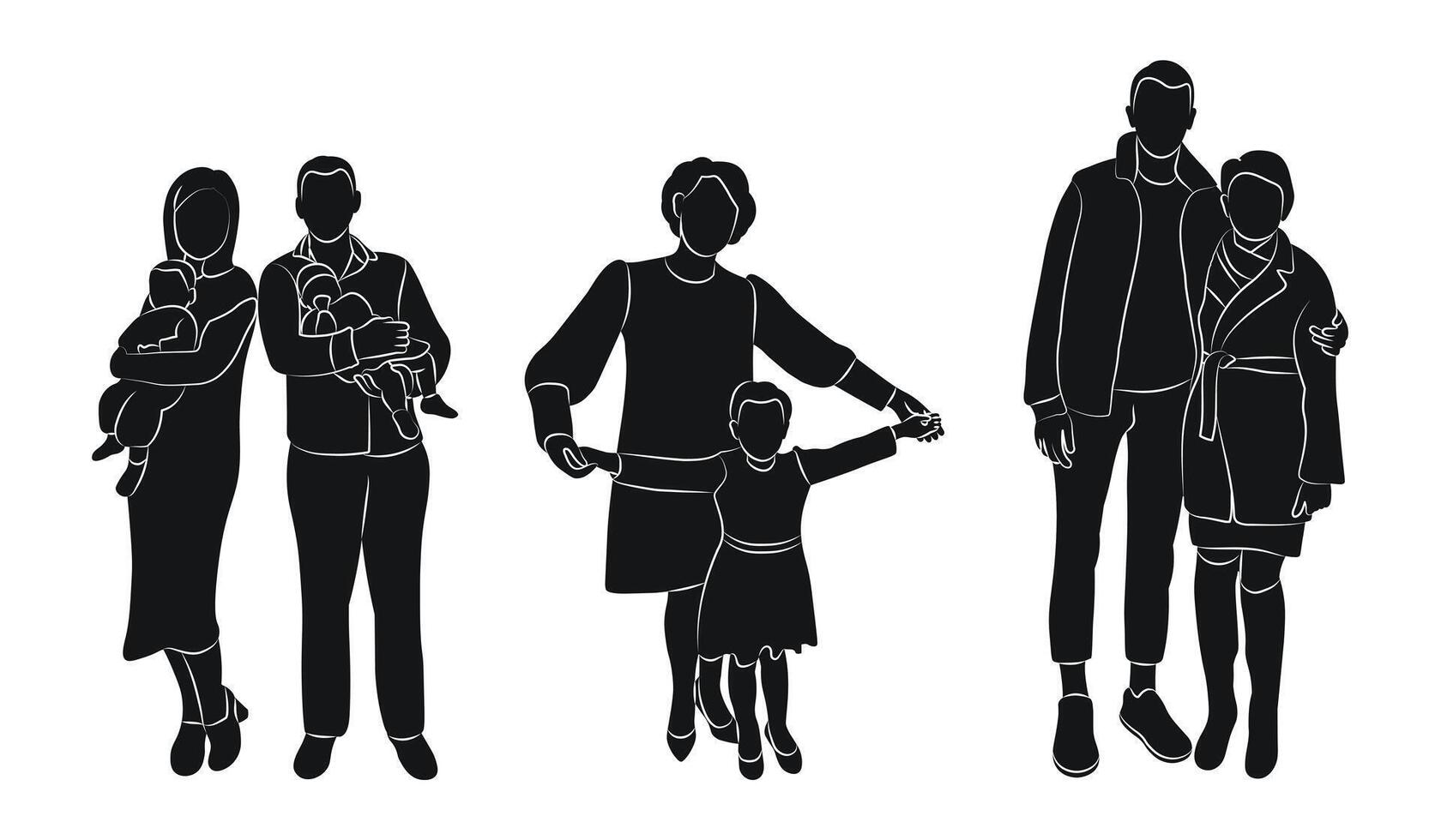 Silhouette of a crowd of adults and children, isolated vector