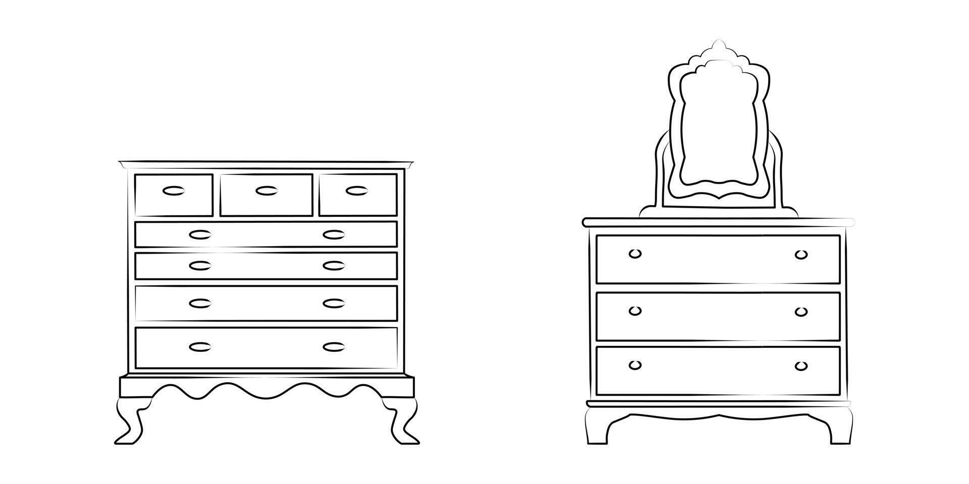 Line sketch set of a chest of drawers, dresser. Design piece of furniture for storage. Isolated vector