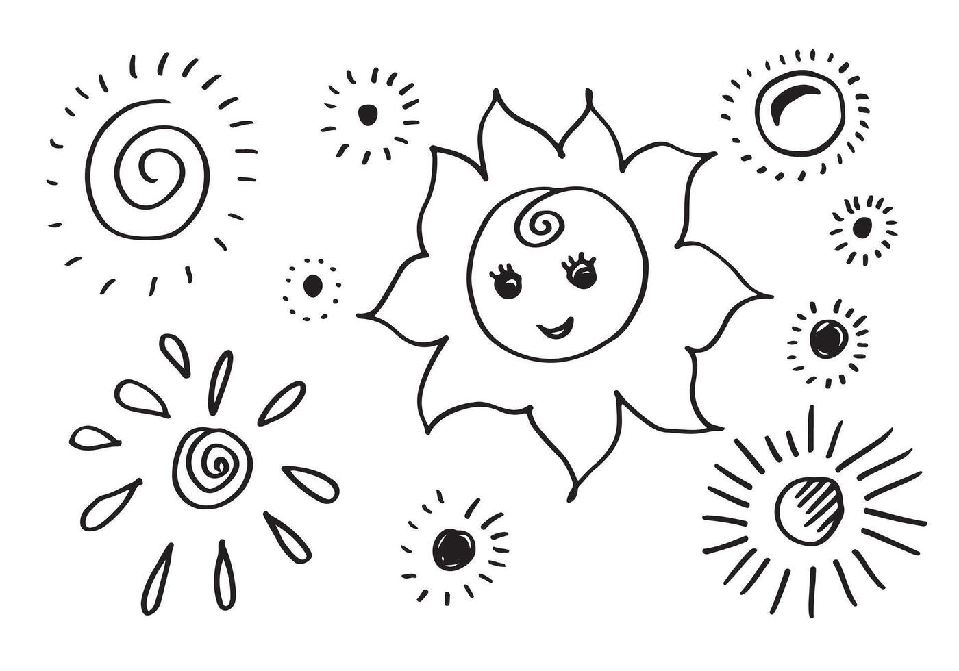 Hand Drawn Doodle Suns on white background. vector