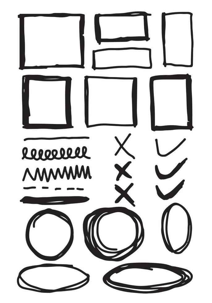 Doodle vector lines and curves.Hand drawn check and arrows signs. Set of simple doodle lines, curves, frames and spots. Collection of pencil effects. Doodle border.
