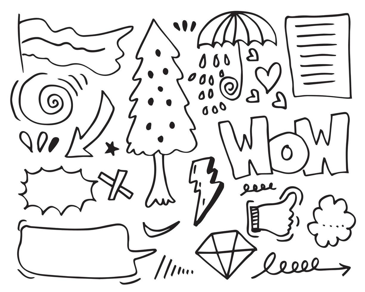 Hand drawn wow text, Arrow, heart, love, star, rain, emphasis ,swirl for concept design. vector