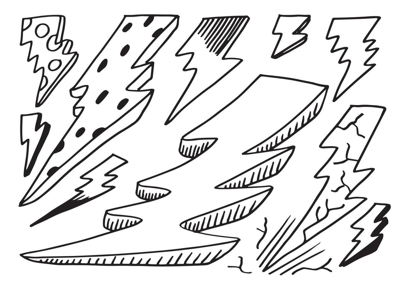 set of hand drawn vector doodle electric lightning bolt symbol sketch illustrations. thunder symbol doodle icon.