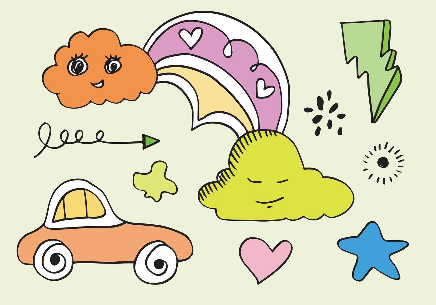 hand-drawn cute doodle set on white background. doodle design elements.doodle kids for decoration and coloring page. vector