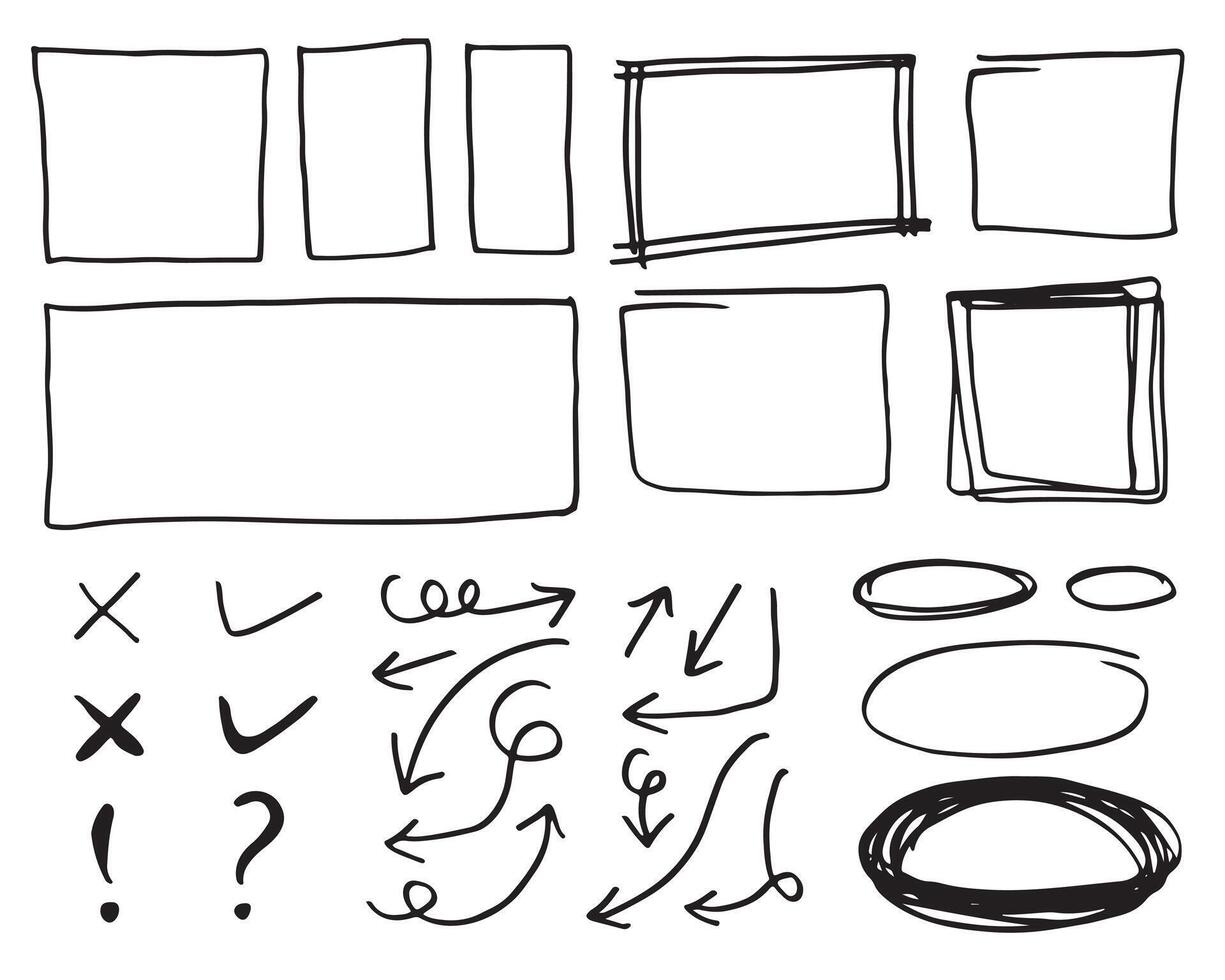 Doodle vector lines and curves.Hand drawn check and arrows signs. Set of simple doodle lines, curves, frames and spots. Collection of pencil effects. Doodle border.