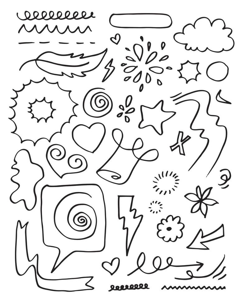 leaves, hearts, abstract, ribbons, arrows and other elements in hand drawn styles for concept designs. Doodle illustration. Vector template for decoration