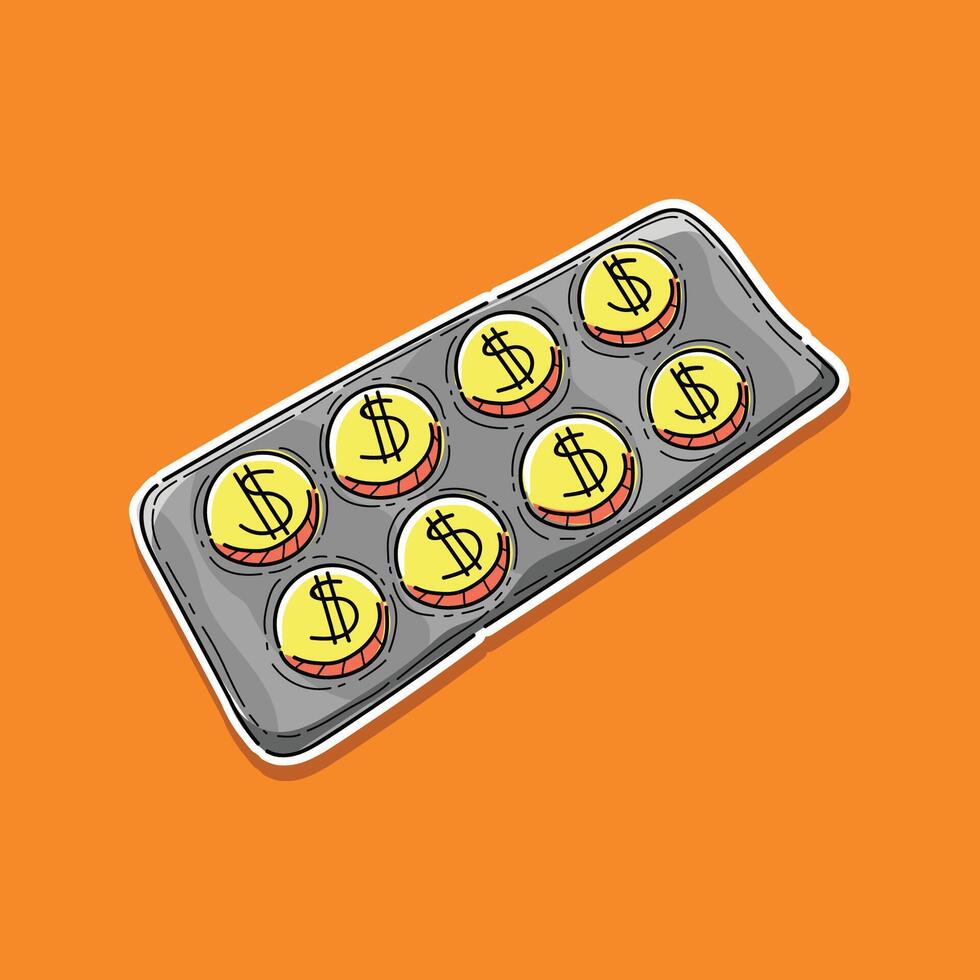 medicine tablet coin money vector illustration design in an orange background