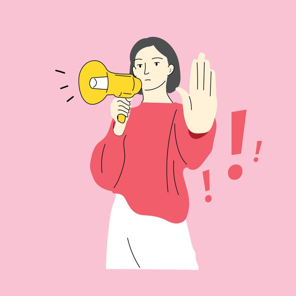 illustration of woman with stop gesture, and holding a megaphone vector