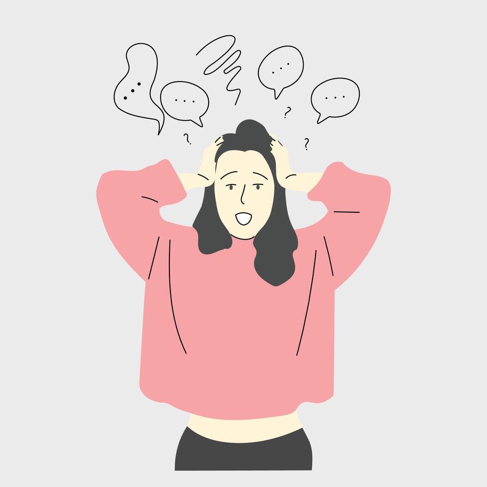 illustration of a woman holding her head because she has a lot to think about vector