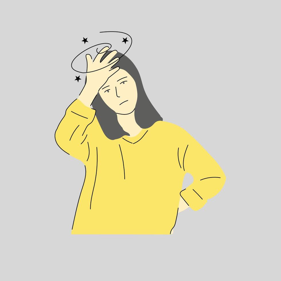 illustration of a woman holding her head because she is dizzy vector