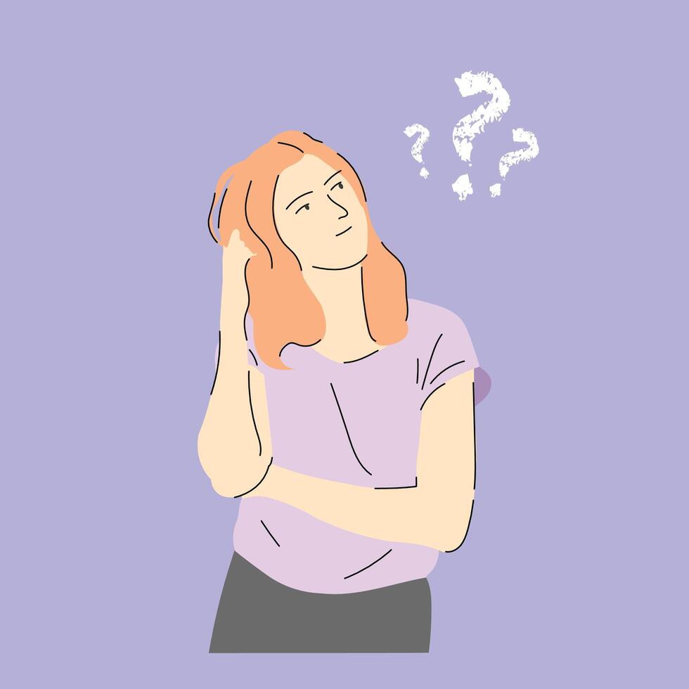 Woman scratching head with confused face and question mark illustration vector