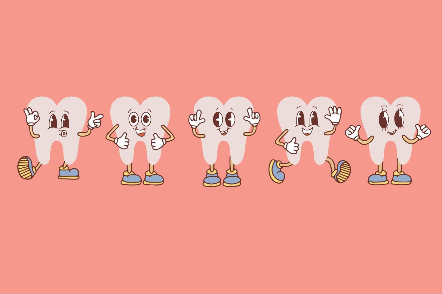 Set of groovy tooth cartoon characters. Funny healthy white molars with happy and sad faces, retro cartoon teeth mascot, dentistry and dental care sticker. Vector