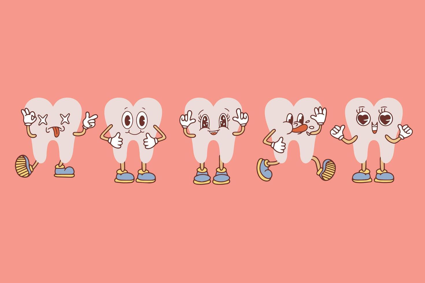 Set of groovy tooth cartoon characters. Funny healthy white molars with happy and sad faces, retro cartoon teeth mascot, dentistry and dental care sticker. Vector